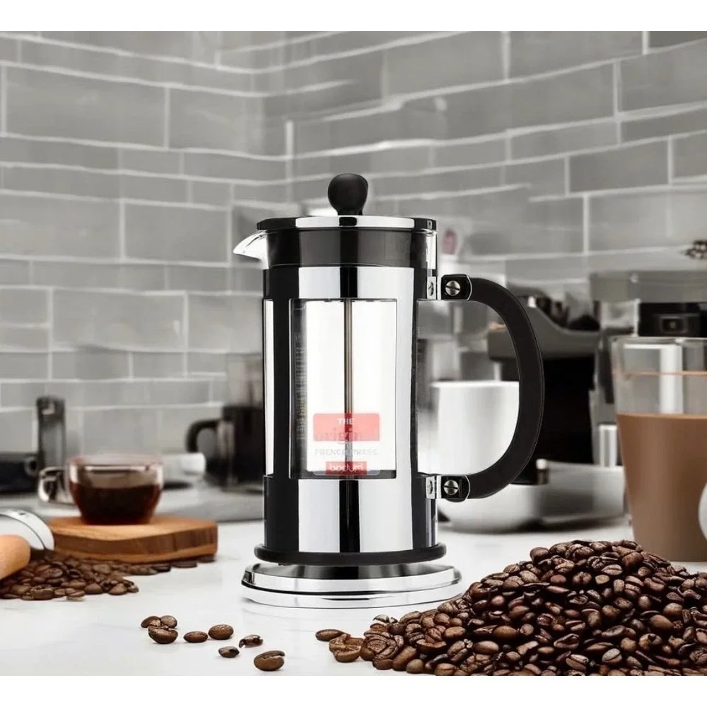 Bodum French Press Coffee Maker Chrome Glass Manual Brewer with Scoop Silver